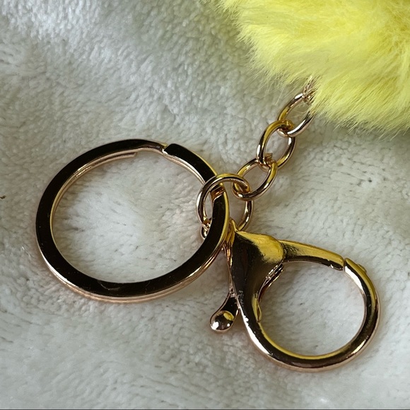 Faux Rabbit Fur Pompom Cannery Yellow Keychain Metal keyring Bag Accessory - Picture 8 of 8